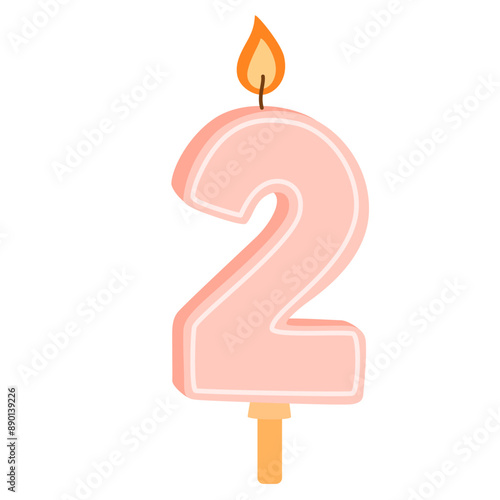 2 number-shaped birthday candle for second year anniversary. Two figure wax candlelight with flame for party cake for 2d bday. Colored flat vector illustration isolated on white background