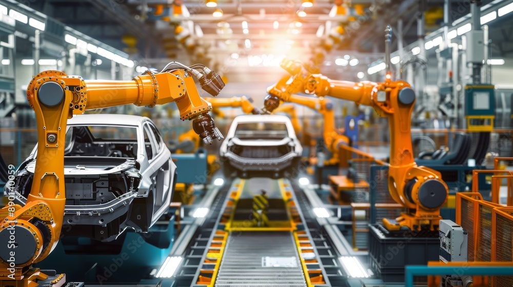 A robotic arm on a production line in an assembly plant A robotic arm on a production line in an assembly plant