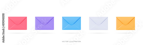 3D Closed envelopes of different colors. New message. Email notification. Social media communication. Send document. Cartoon creative design icons. 3D Vector illustration