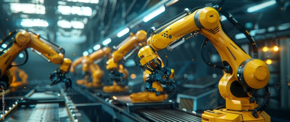 Engineer supervising automated production process industry robot arm in a factory Engineer supervising automated production process industry robot arm in a factory