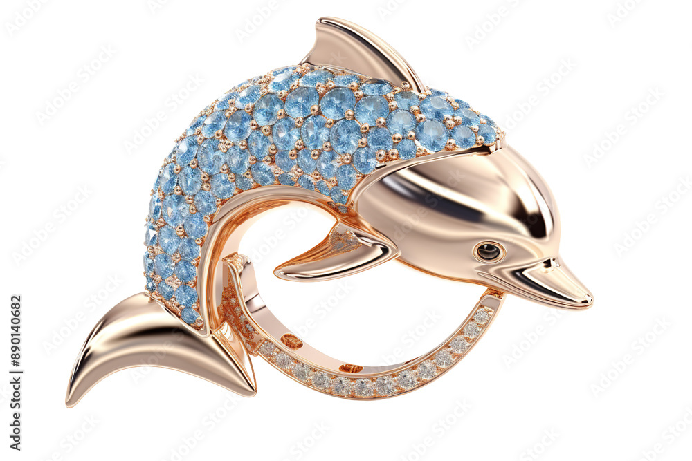Fototapeta premium Luxury dolphin jewelry icon, rose gold and blue crystal pendant design, sparkling marine animal charm for branding isolated on Transparent Background