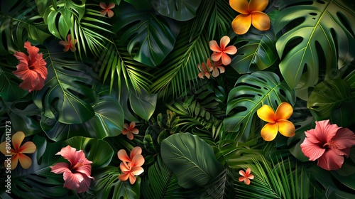 Lush tropical foliage with vibrant green leaves and exotic flowers background wallpaper