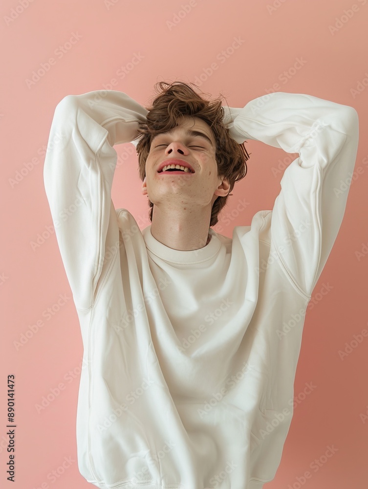 Young Man Wearing White Sweatshirt With Pink Background Young Man Wearing White Sweatshirt With Pink Background