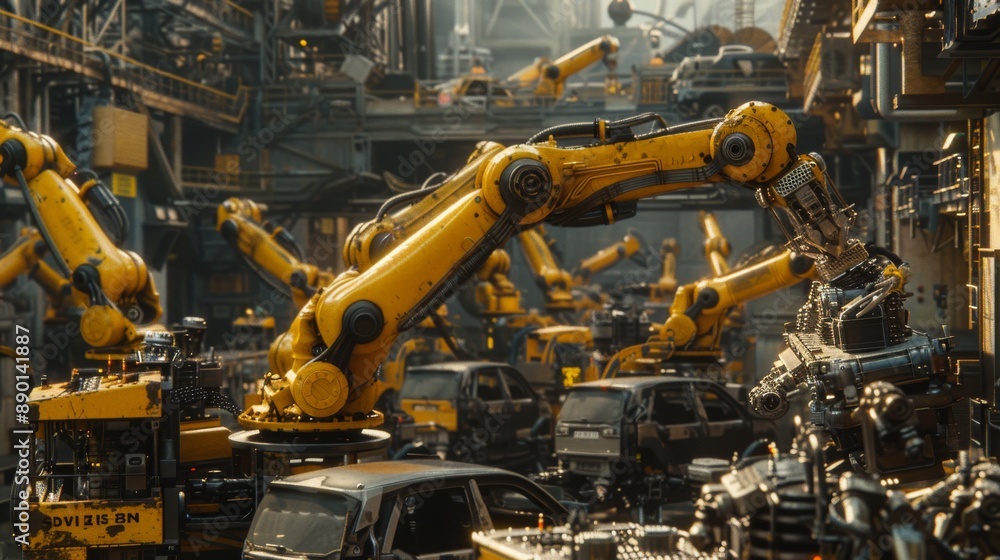 Assembling a wood house on a robotic assembly line with two lines of large yellow metal robot arms. Assembling a wood house on a robotic assembly line with two lines of large yellow metal robot arms.