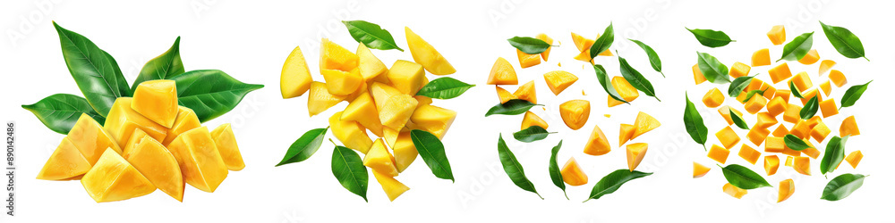 Set of mango pieces with leaves isolated on transparent background Set of mango pieces with leaves isolated on transparent background