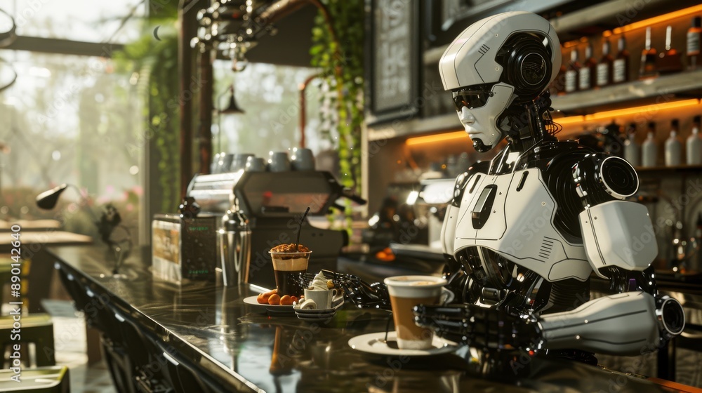 Humanoids working as baristas in a modern coffee shop demonstrate the potential of automation and technology Humanoids working as baristas in a modern coffee shop demonstrate the potential of automation and technology