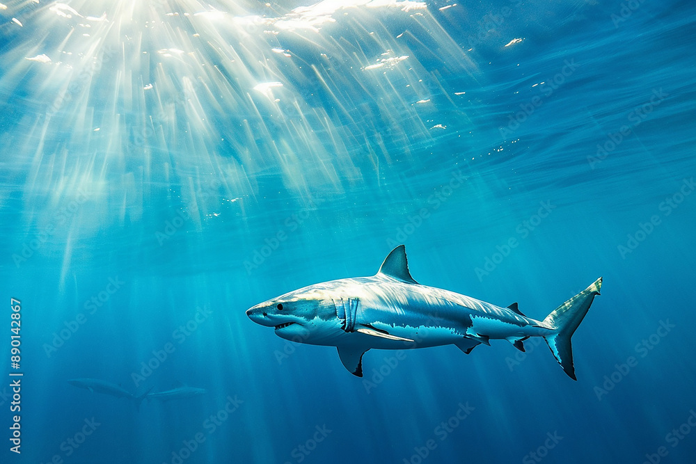 Fototapeta premium Great white shark swims in the open ocean