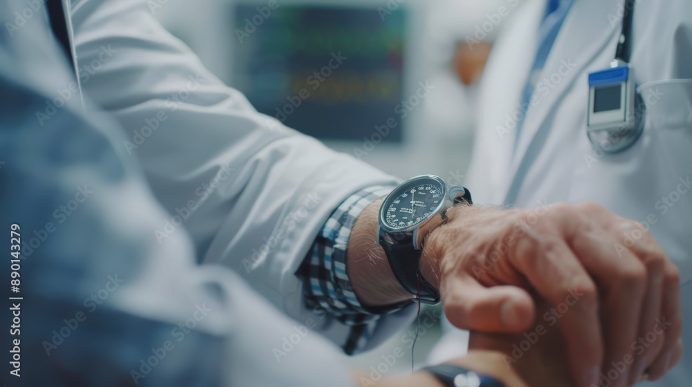 Obraz premium A doctor checks the wristwatch of a patient during a medical consultation, with health monitoring equipment visible in the background.