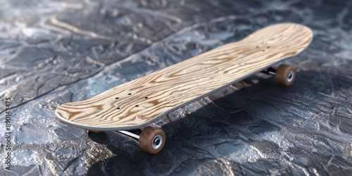 A wooden skateboard with metallic trucks and tan wheels rests on a textured, irregularly patterned surface. photo