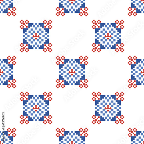 Cross Stitch embroidery seamless.Geometric pixel ethnic patterns. American, Mexican,African, mediterranean, nordic,Aztec style.Trendy folk art background design for products, fabric, ,print,decorate.