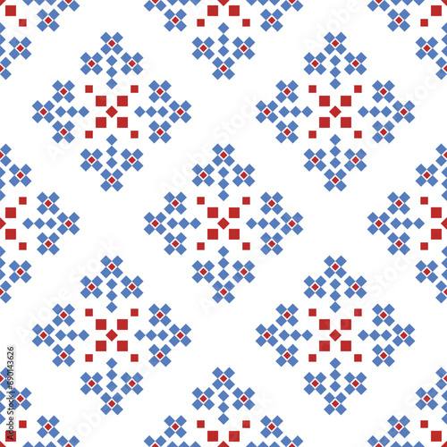 Cross Stitch embroidery seamless.Geometric pixel ethnic patterns. American, Mexican,African, mediterranean, nordic,Aztec style.Trendy folk art background design for products, fabric, ,print,decorate.