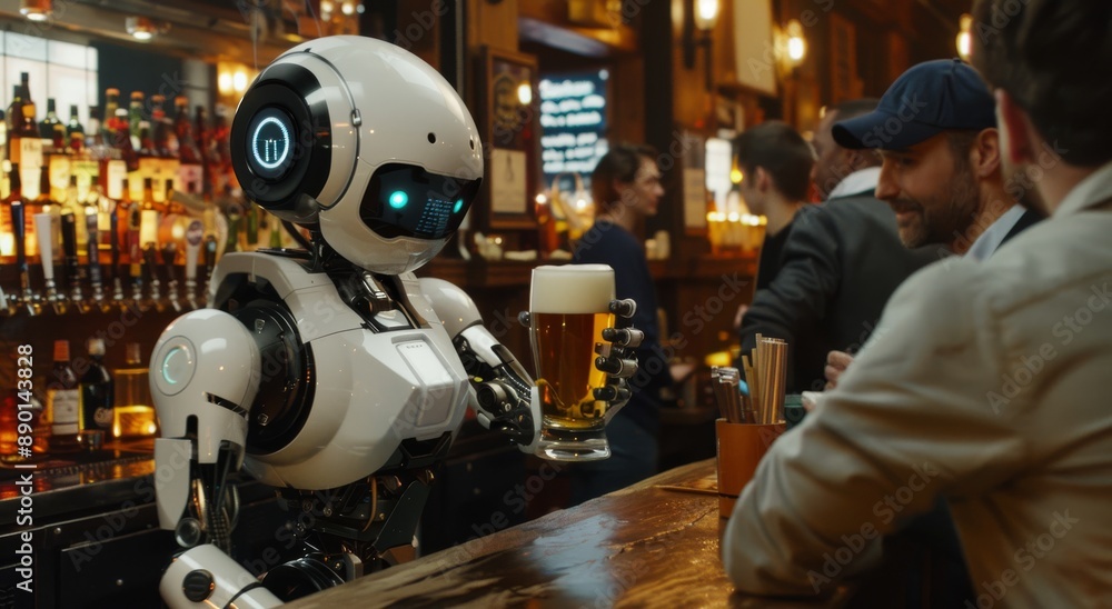Angry robot android drinking pint of beer in pub, AI concept, stock background, cinematic Angry robot android drinking pint of beer in pub, AI concept, stock background, cinematic