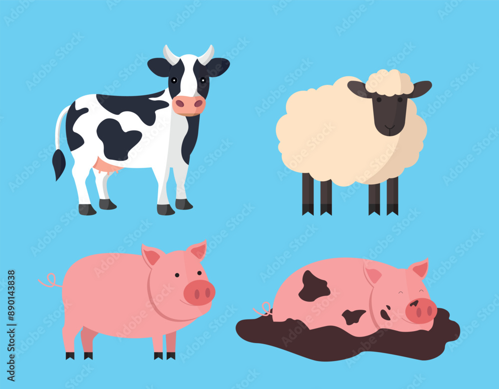 Fototapeta premium Cute set of farm animals on blue background. Cow, pigs, sheep. Vector illustration.