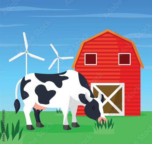 Cartoon cow grazing in a meadow with a red barn and wind turbines in the background. Vector.