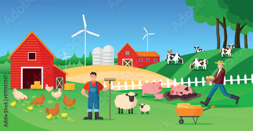 Farm flat design concept with farmers, sheep, windmill and other animals vector illustration.