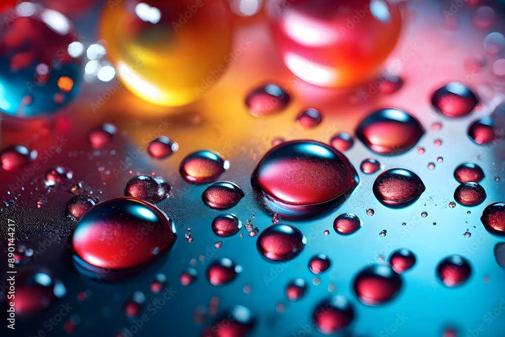 Close-up of vibrant water droplets on a smooth surface, refracting light into a rainbow spectrum. Abstract and captivating Close-up of vibrant water droplets on a smooth surface, refracting light into a rainbow spectrum. Abstract and captivating
