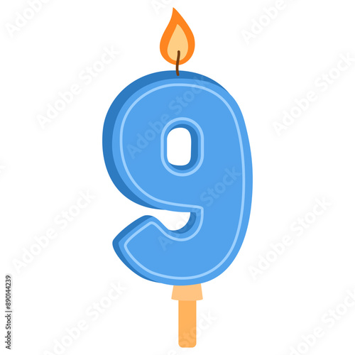 Birthday candle of 9 number shape for bday celebration. Glowing wax candlelight with flame for nine age party cake for 9th year anniversary. Flat vector illustration isolated on white background