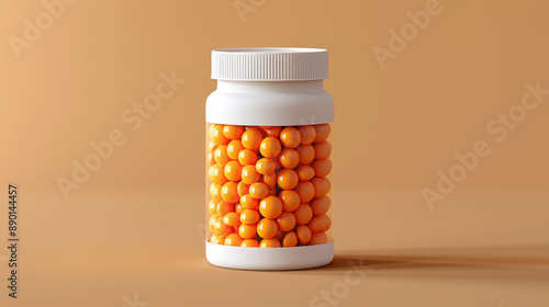 A white plastic bottle filled with round orange pills sits on a beige surface, likely used for medication or supplements.