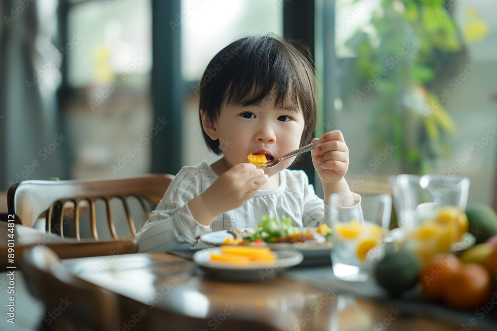 Young asian child eating healthy food or healthy meal at home at the dining table Young asian child eating healthy food or healthy meal at home at the dining table