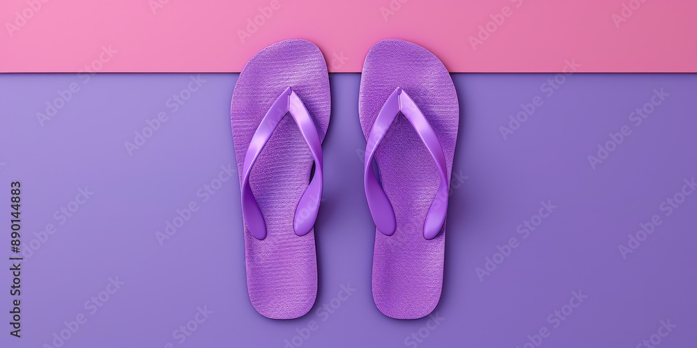 A pair of vibrant purple flip-flops is placed on a pink and purple background, creating a contrasting and colorful visual display.