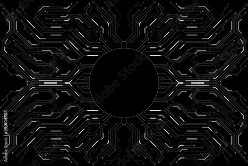 Futuristic sci-fi banner with white circuit board on black background. Hi-tech CPU panel. Modern technology cover design. Vector illustration. EPS 10