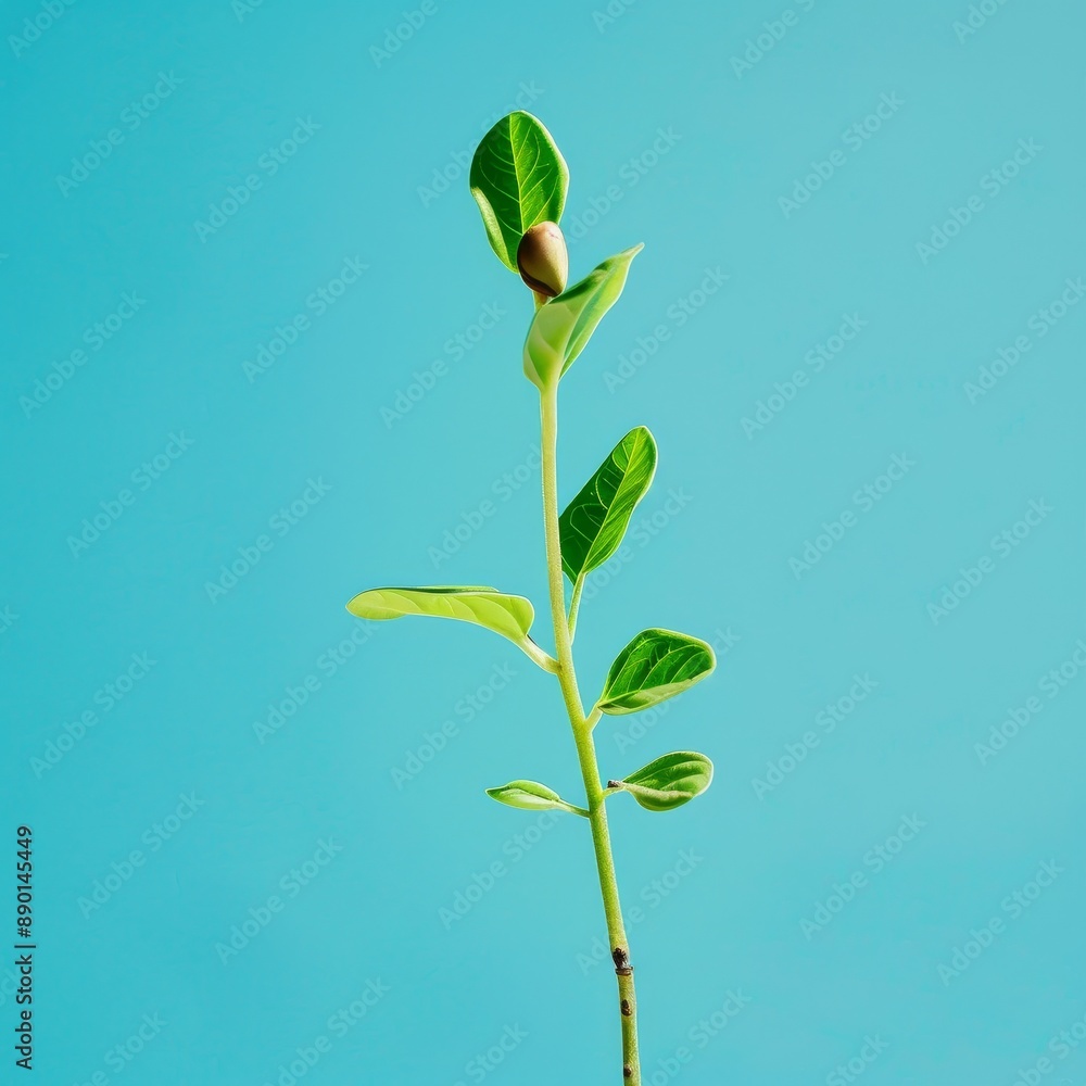 A Single Green Plant Stem With Bud Against a Blue Sky A Single Green Plant Stem With Bud Against a Blue Sky