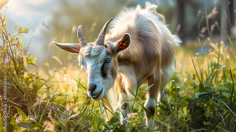 Adult goat eating grass in lush field Adult goat eating grass in lush field