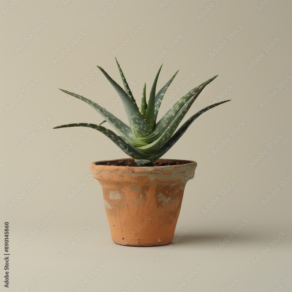 A Small Aloe Vera Plant in a Terracotta Pot Against a Light Green Background A Small Aloe Vera Plant in a Terracotta Pot Against a Light Green Background