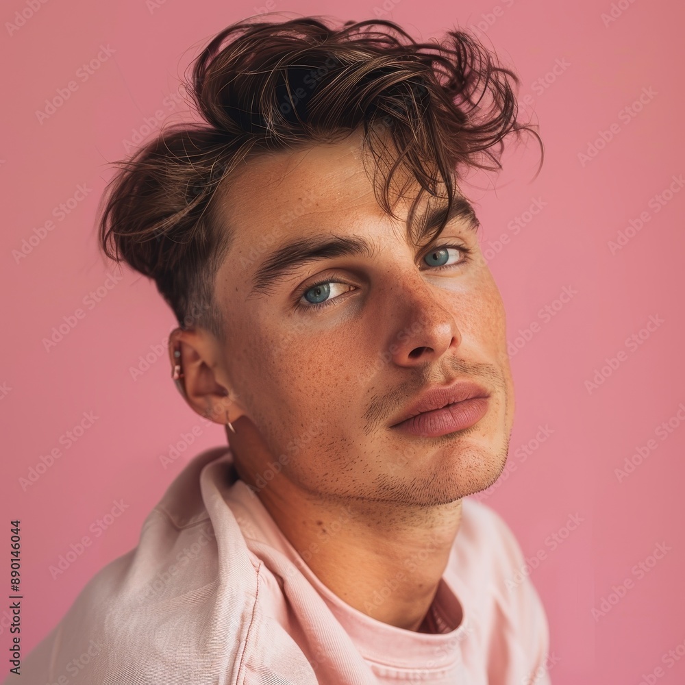 Fototapeta premium Young Man With Wavy Hair and Pink Shirt Posing Against a Pink Background