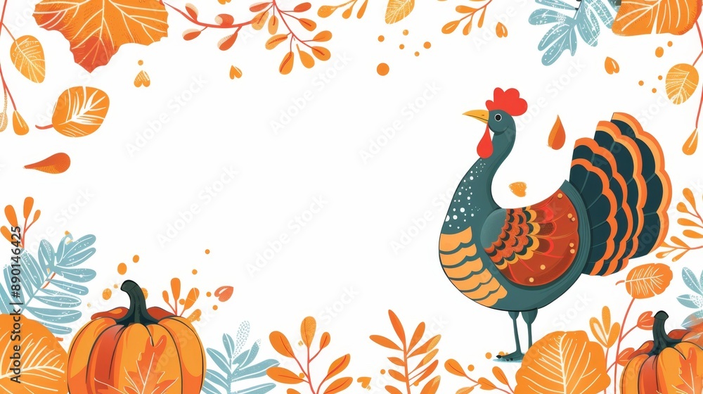 Picture of a turkey and pumpkin and autumn leaves. and copy space white background Picture of a turkey and pumpkin and autumn leaves. and copy space white background