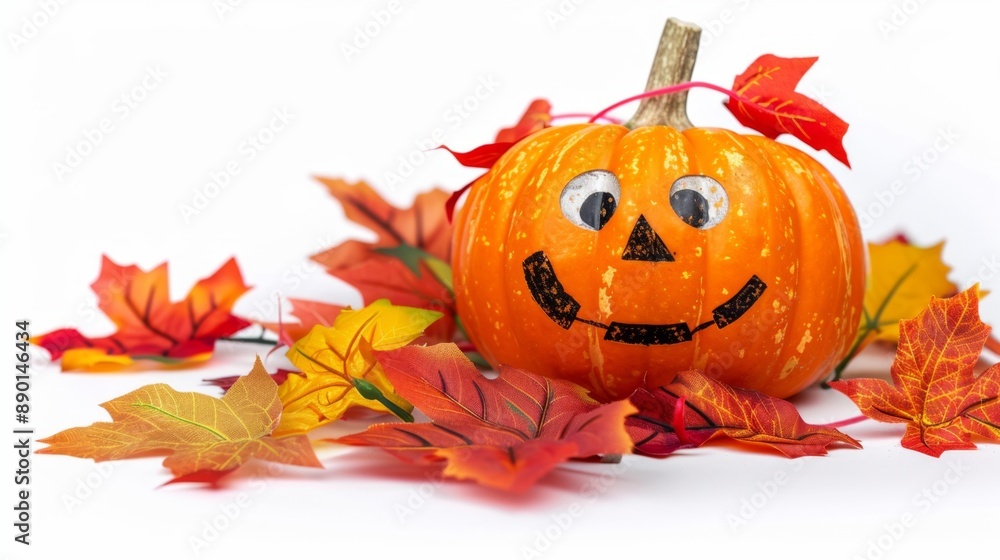 A cute Halloween pumpkin with colorful autumn on white background. A cute Halloween pumpkin with colorful autumn on white background.
