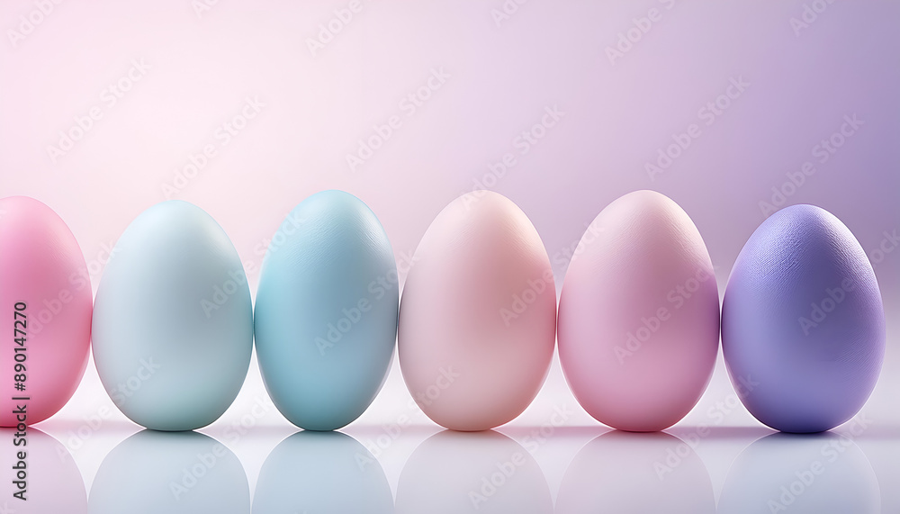 Six Pastel-Colored Easter Eggs in a Row on a White Surface Six Pastel-Colored Easter Eggs in a Row on a White Surface