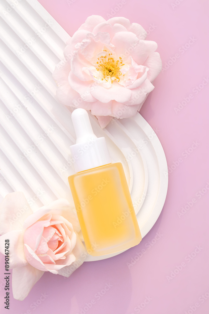 Blank white cosmetics dropper bottle with retinol face serum on pink background. Wavy podium under it. cosmetic mockup Blank white cosmetics dropper bottle with retinol face serum on pink background. Wavy podium under it. cosmetic mockup