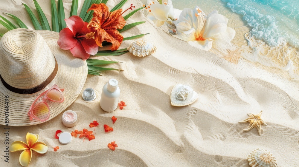 Summer Vibes - Beach Essentials on Resin Sheets with Floral Motifs in Photo-realistic Landscape Background Summer Vibes - Beach Essentials on Resin Sheets with Floral Motifs in Photo-realistic Landscape Background
