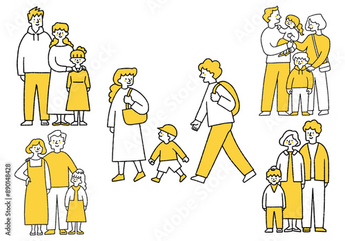 Set of landscape with father, mother and child