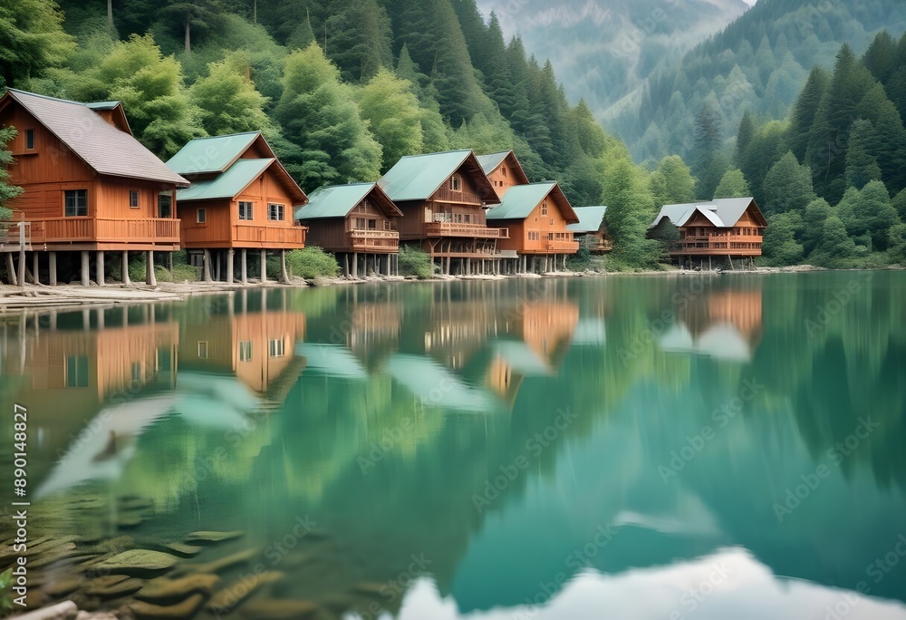 Naklejka premium Wooden mountain houses on the shore of the lake, surrounded by forest and mountains