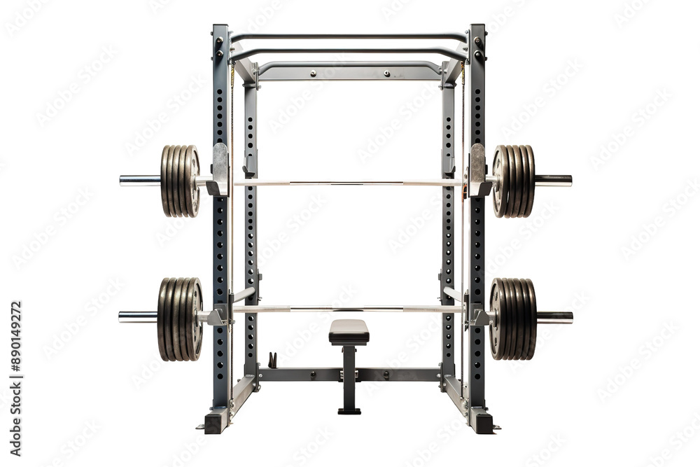 A Steel Sanctuary For Strength Training: A Power Rack Prepped For The Day's Workout on a Clear PNG or White Background. A Steel Sanctuary For Strength Training: A Power Rack Prepped For The Day's Workout on a Clear PNG or White Background.
