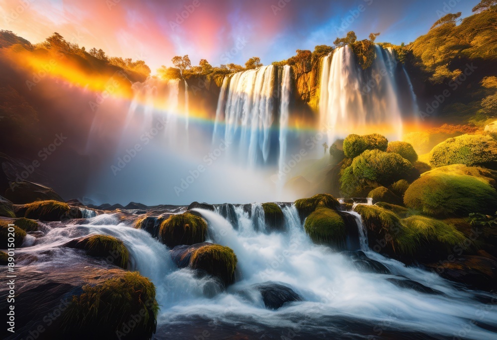 Fototapeta premium colorful mist over waterfall cascading rainbow beauty motion, lgbtq, lgbt, pride, love, equality, falls, flowing, natural, nature, atmospheric, ethereal, idyllic