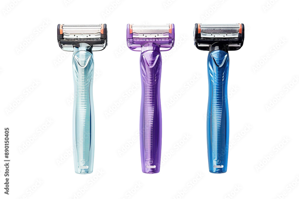 A Trio of Smoothness: Aqua, Violet, and Blue Razors Await Their Next Use on a Clear PNG or White Background. A Trio of Smoothness: Aqua, Violet, and Blue Razors Await Their Next Use on a Clear PNG or White Background.