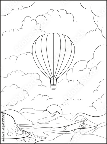 Illustration black and white coloring with a hot air balloon in the clouds over the mountains vector for adults and childrenrint. Vector illustration