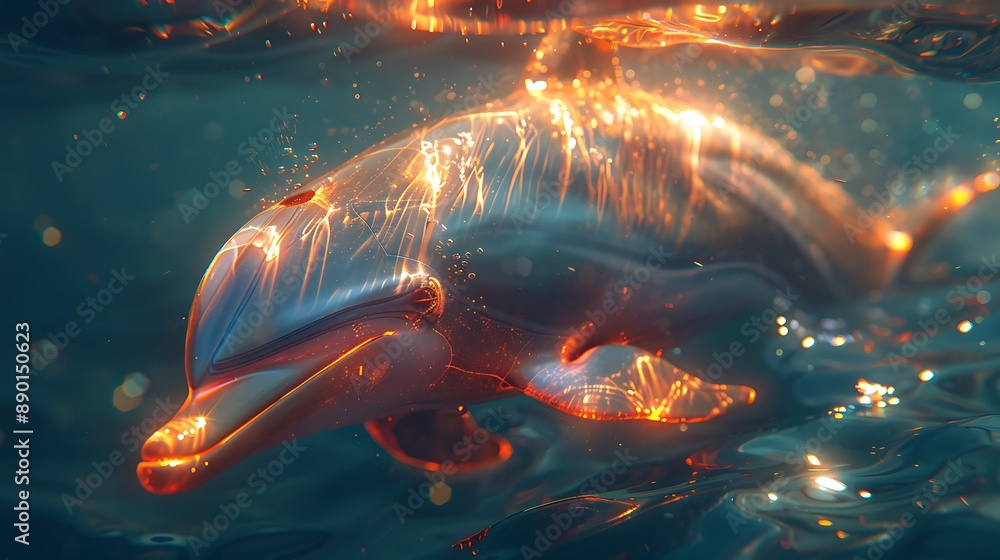 A cybernetic dolphin with metallic skin, swimming in a neon sea. A cybernetic dolphin with metallic skin, swimming in a neon sea.