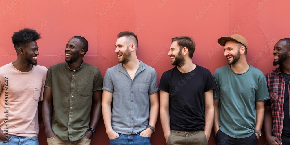 Group of friends smiling and standing in a row, looking cheerful and happy together. Group of friends smiling and standing in a row, looking cheerful and happy together.