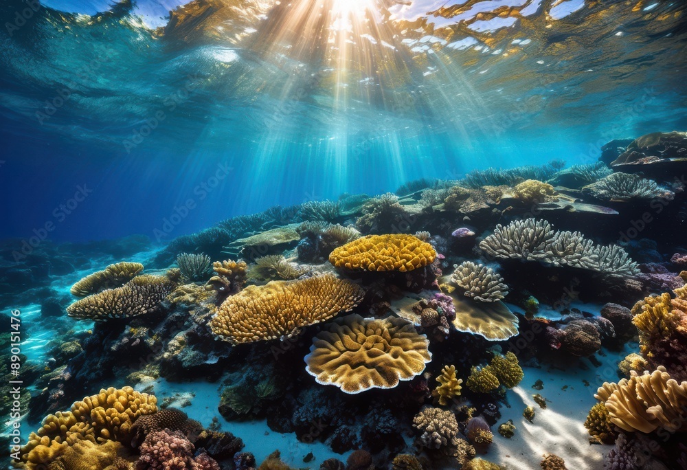 Obraz premium sunlit waves cascading over vibrant coral reef ocean depths, ecosystem, underwater, marine, life, colorful, aquatic, environment, tropical, sea, nature, sunlight,
