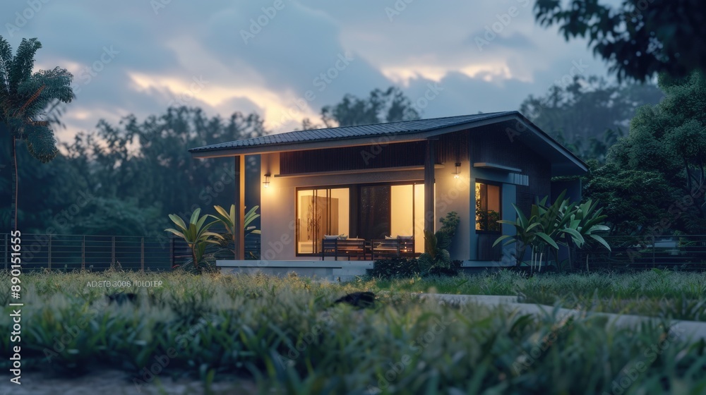 Modern Suburban House at Dusk with Warm Illumination and Natural Setting Modern Suburban House at Dusk with Warm Illumination and Natural Setting