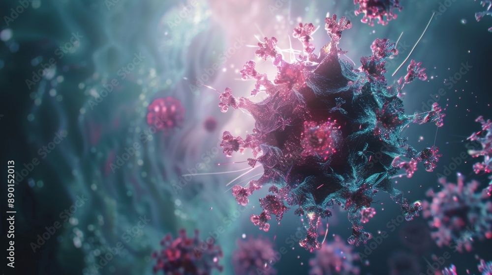 High-resolution image of virus particles with spike proteins magnified under a microscope for scientific research, medical education, and viral studies.
High-resolution image of virus particles with spike proteins magnified under a microscope for scientific research, medical education, and viral studies.