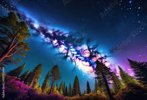 starry milky way over concealed enchanting night sky landscape, canopy, celestial, cosmos, foliage, forest, galactic, glow, illuminate, majestic, mystery