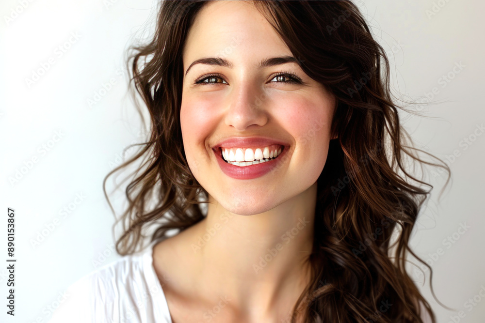A close-up portrait of a smiling young woman with curly hair and radiant skin. Her cheerful expression and natural beauty are highlighted in this bright and engaging image A close-up portrait of a smiling young woman with curly hair and radiant skin. Her cheerful expression and natural beauty are highlighted in this bright and engaging image
