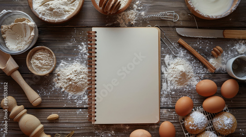 Blank notebook with flour dust and baking tools in the background, Blank notebook, Baking inspiration