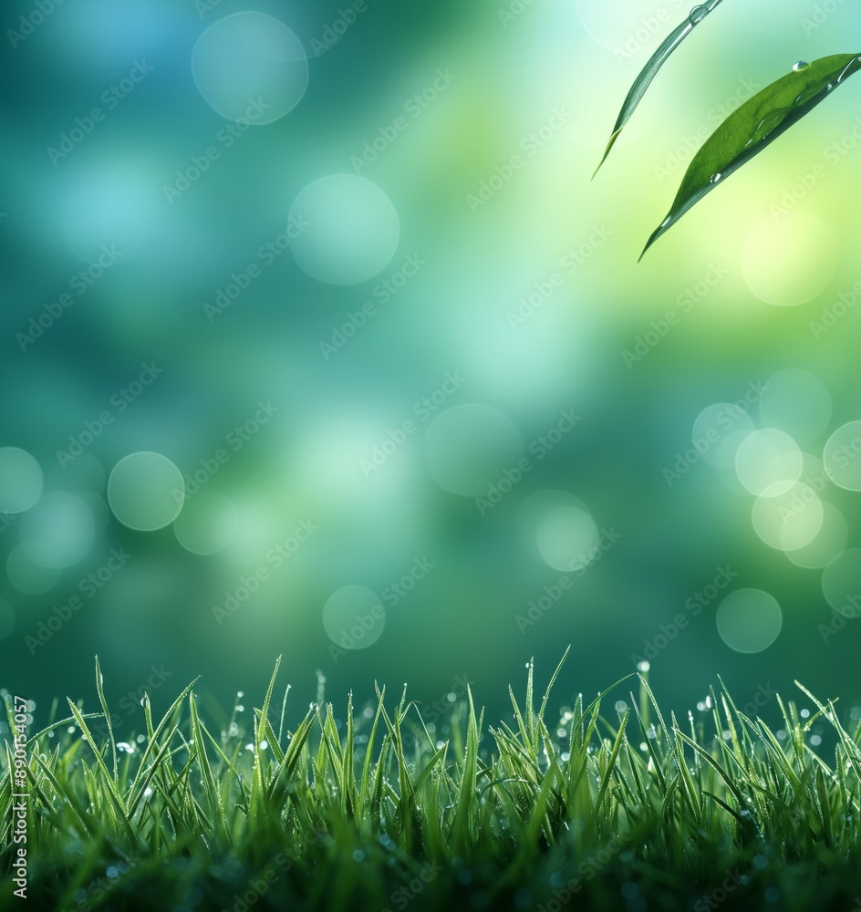Obraz premium Fresh Green Grass with Dew and Bokeh Effect in a Lush Natural Setting