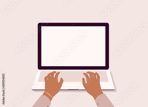 Black Businesswoman’s Hand Typing On Laptop Keyboard With Blank Screen. Close-Up.